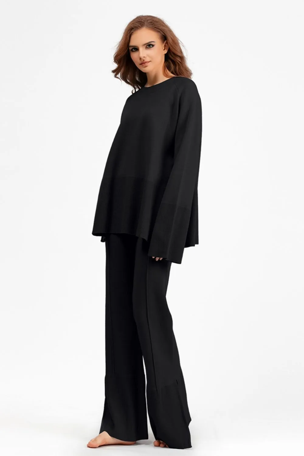 Slit Round Neck Long Sleeve Top and Drawstring Pants Sweater Set