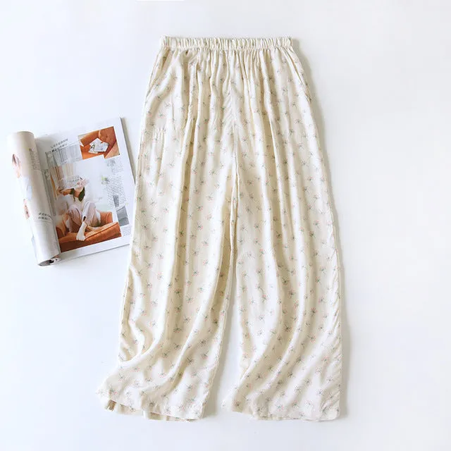 Summer Sleep Bottoms Viscose Print Loose Sleepwear Elastic Waist Pajama Pants Thin Cool Calf-Length Pants