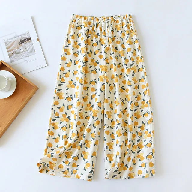 Summer Sleep Bottoms Viscose Print Loose Sleepwear Elastic Waist Pajama Pants Thin Cool Calf-Length Pants