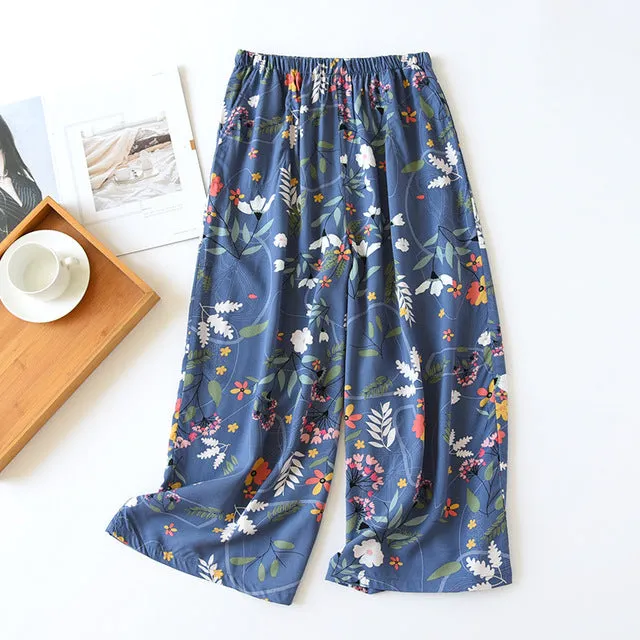 Summer Sleep Bottoms Viscose Print Loose Sleepwear Elastic Waist Pajama Pants Thin Cool Calf-Length Pants