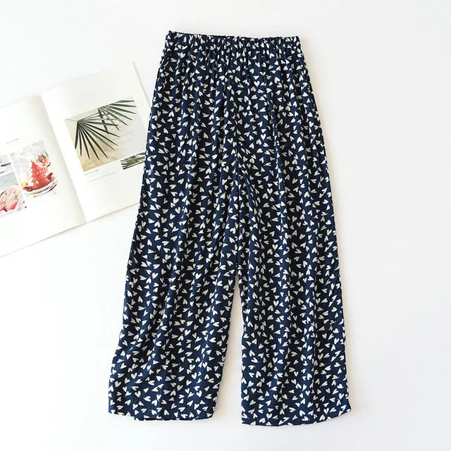 Summer Sleep Bottoms Viscose Print Loose Sleepwear Elastic Waist Pajama Pants Thin Cool Calf-Length Pants