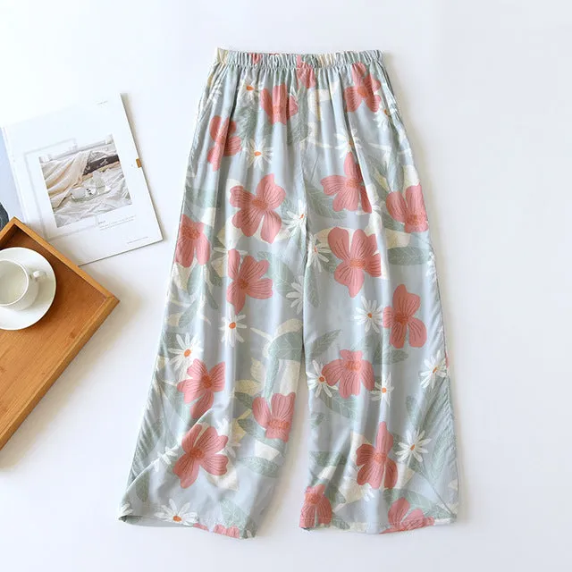 Summer Sleep Bottoms Viscose Print Loose Sleepwear Elastic Waist Pajama Pants Thin Cool Calf-Length Pants