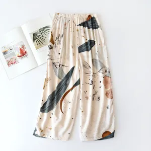 Summer Sleep Bottoms Viscose Print Loose Sleepwear Elastic Waist Pajama Pants Thin Cool Calf-Length Pants