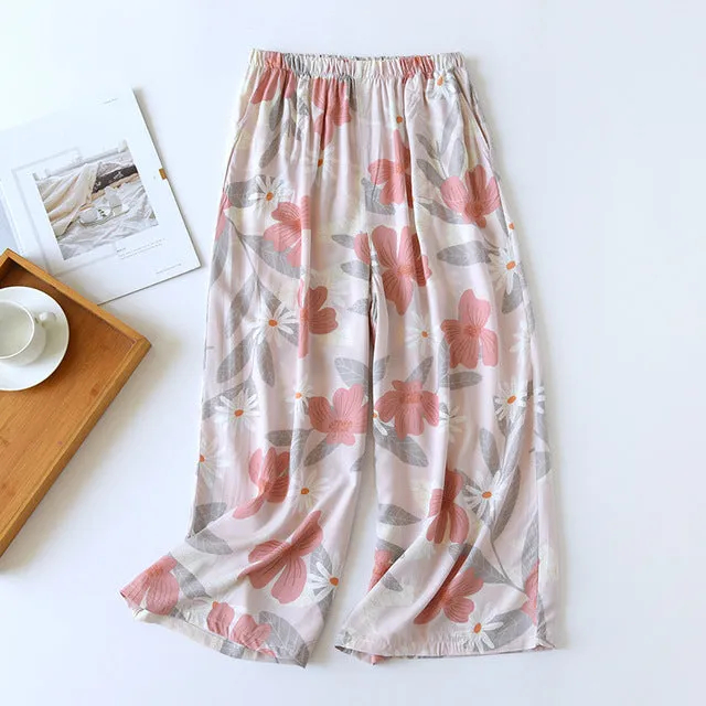 Summer Sleep Bottoms Viscose Print Loose Sleepwear Elastic Waist Pajama Pants Thin Cool Calf-Length Pants