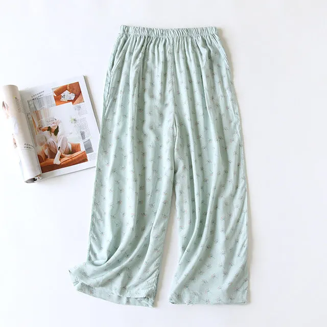 Summer Sleep Bottoms Viscose Print Loose Sleepwear Elastic Waist Pajama Pants Thin Cool Calf-Length Pants