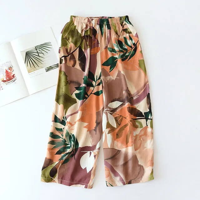 Summer Sleep Bottoms Viscose Print Loose Sleepwear Elastic Waist Pajama Pants Thin Cool Calf-Length Pants