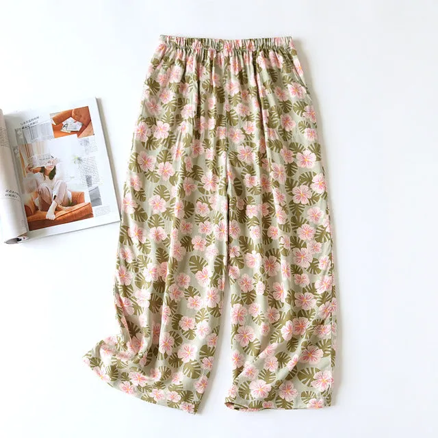 Summer Sleep Bottoms Viscose Print Loose Sleepwear Elastic Waist Pajama Pants Thin Cool Calf-Length Pants