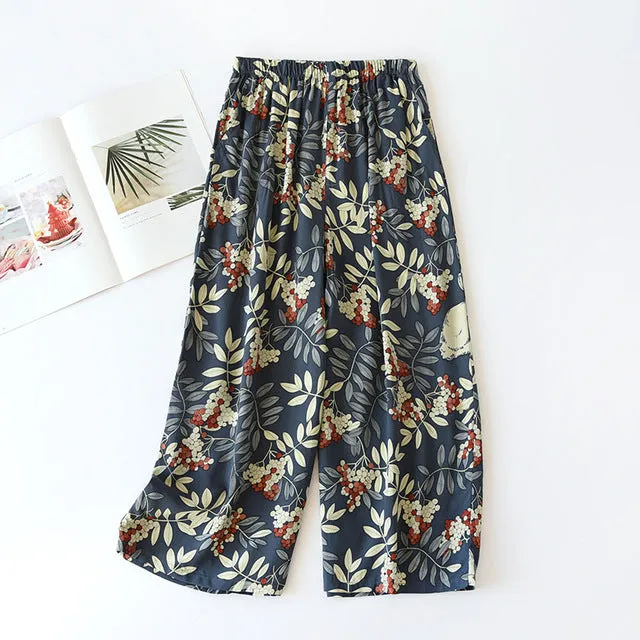 Summer Sleep Bottoms Viscose Print Loose Sleepwear Elastic Waist Pajama Pants Thin Cool Calf-Length Pants