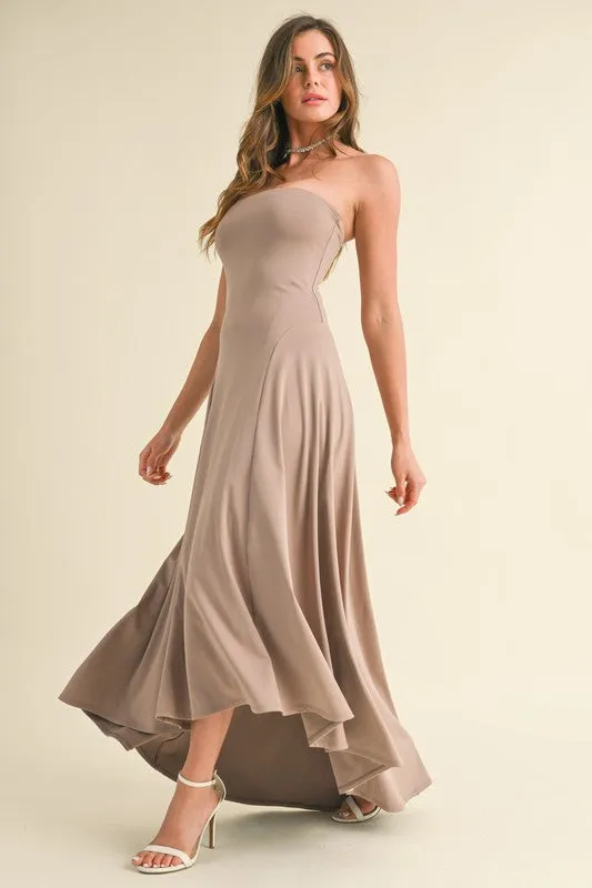 Taupe Strapless High Low Maxi Dress