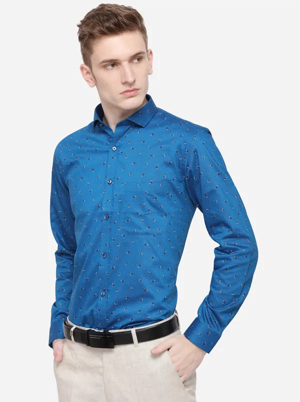 Turquoise Blue Printed Slim Fit Party Wear Shirt | Greenfibre