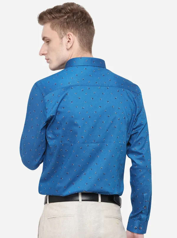 Turquoise Blue Printed Slim Fit Party Wear Shirt | Greenfibre