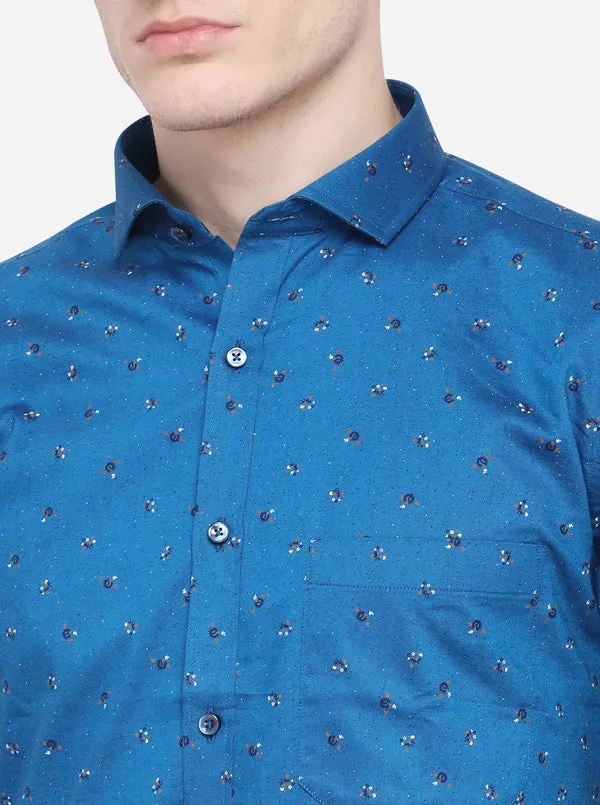 Turquoise Blue Printed Slim Fit Party Wear Shirt | Greenfibre