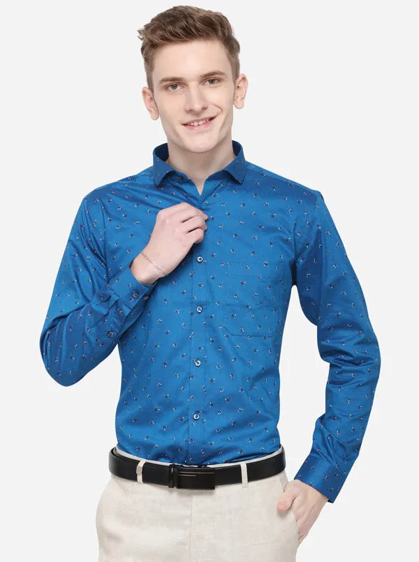 Turquoise Blue Printed Slim Fit Party Wear Shirt | Greenfibre