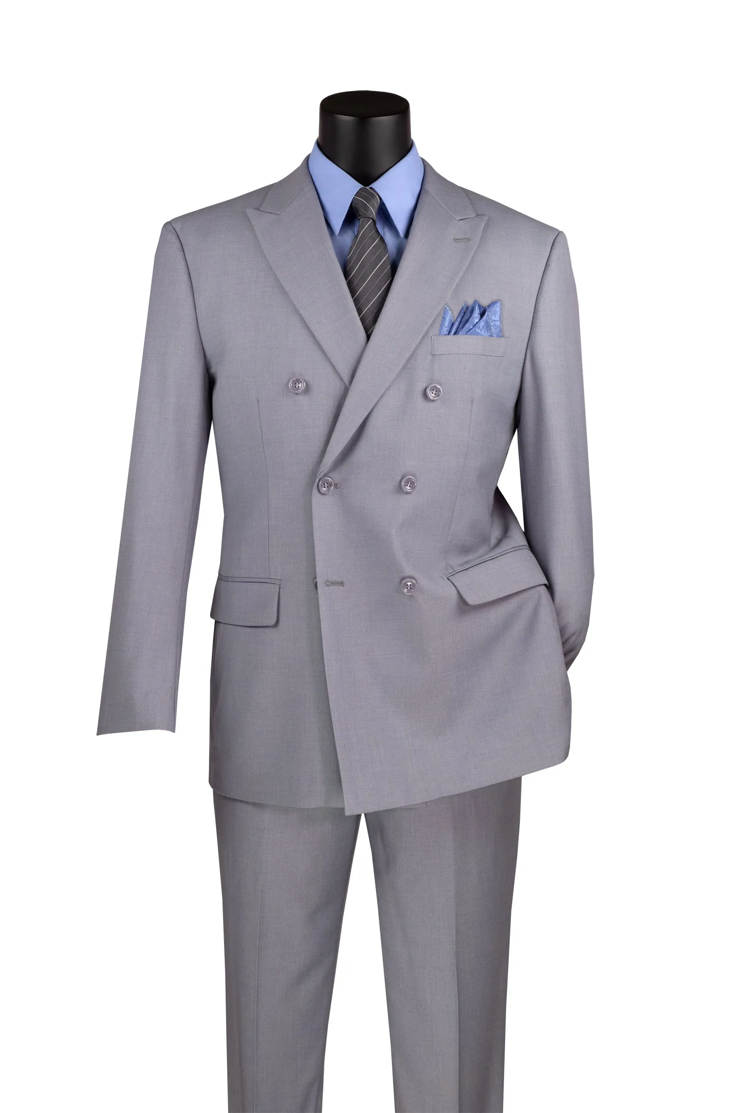 Vinci Regular Fit Double Breasted 2 Piece Suit with Flexible Elastic Waistband Light Gray F-DC900