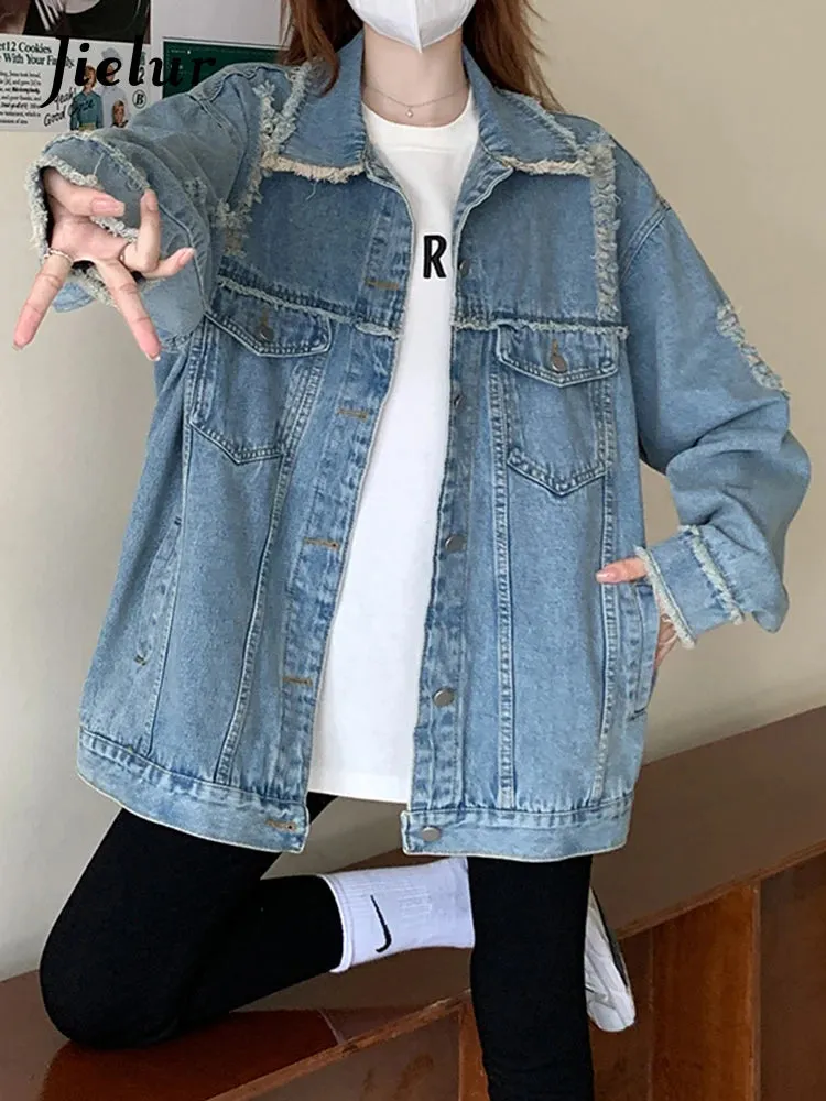 Vintage Denim Jackets Women Ripped Tassel Coat All Match Casual Loose Woman Jacket Korean Fashion Y2K Harajuku Coats S-XL