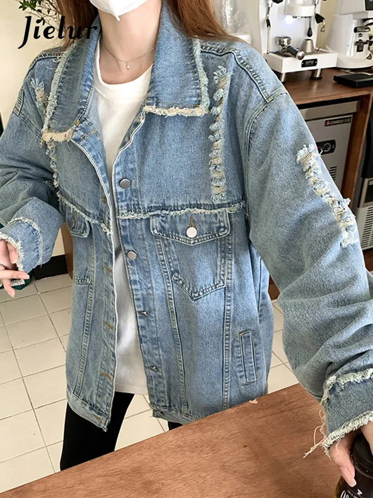 Vintage Denim Jackets Women Ripped Tassel Coat All Match Casual Loose Woman Jacket Korean Fashion Y2K Harajuku Coats S-XL