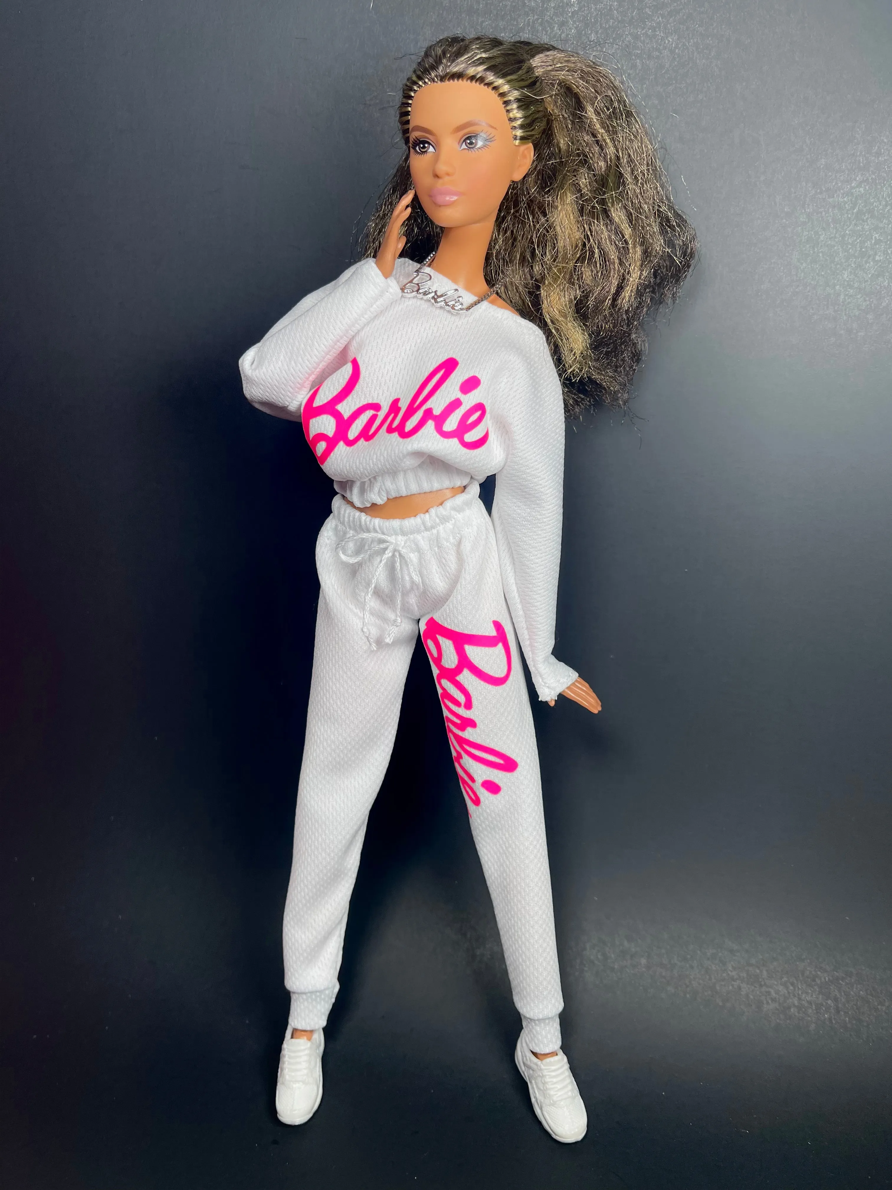 White sweater for fashion doll and sweatpants