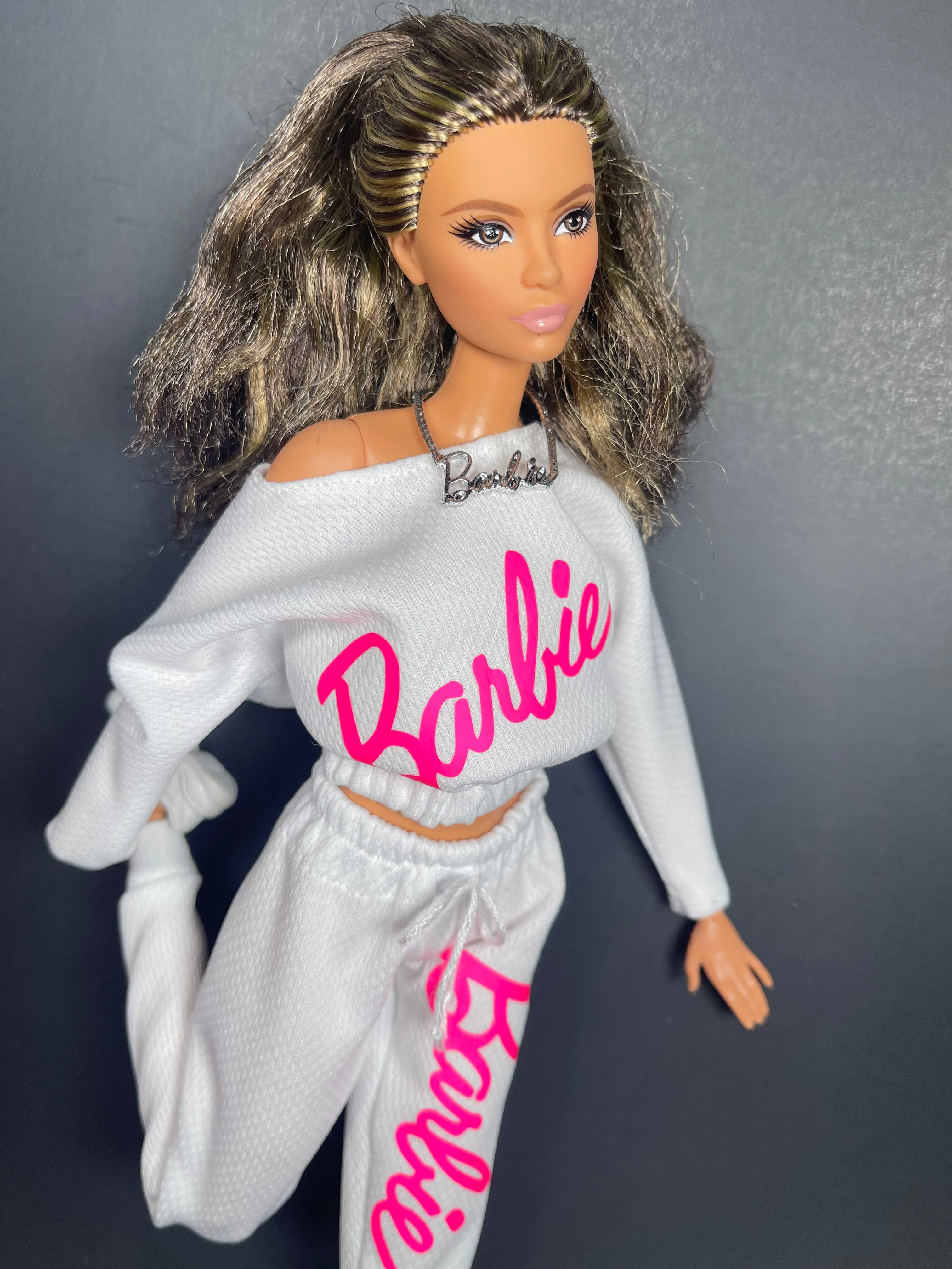 White sweater for fashion doll and sweatpants