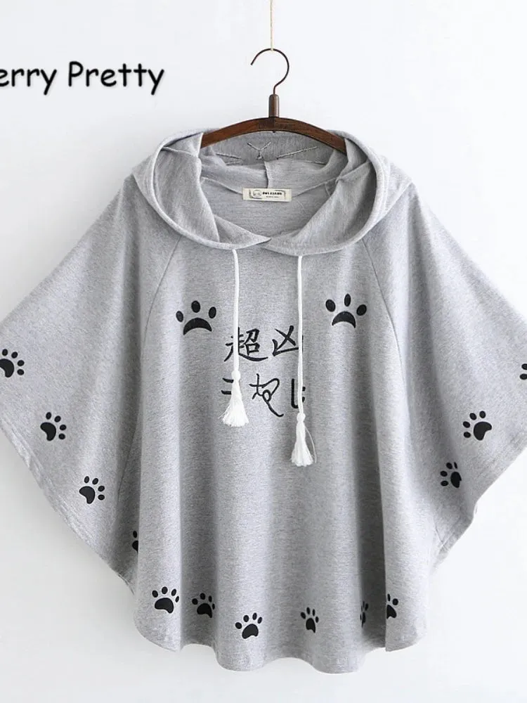 Women Hooded Poncho Cartoon Embroidery Drawstring Capes Spring Femme Chinese Style Half Sleeve Coats Jackets