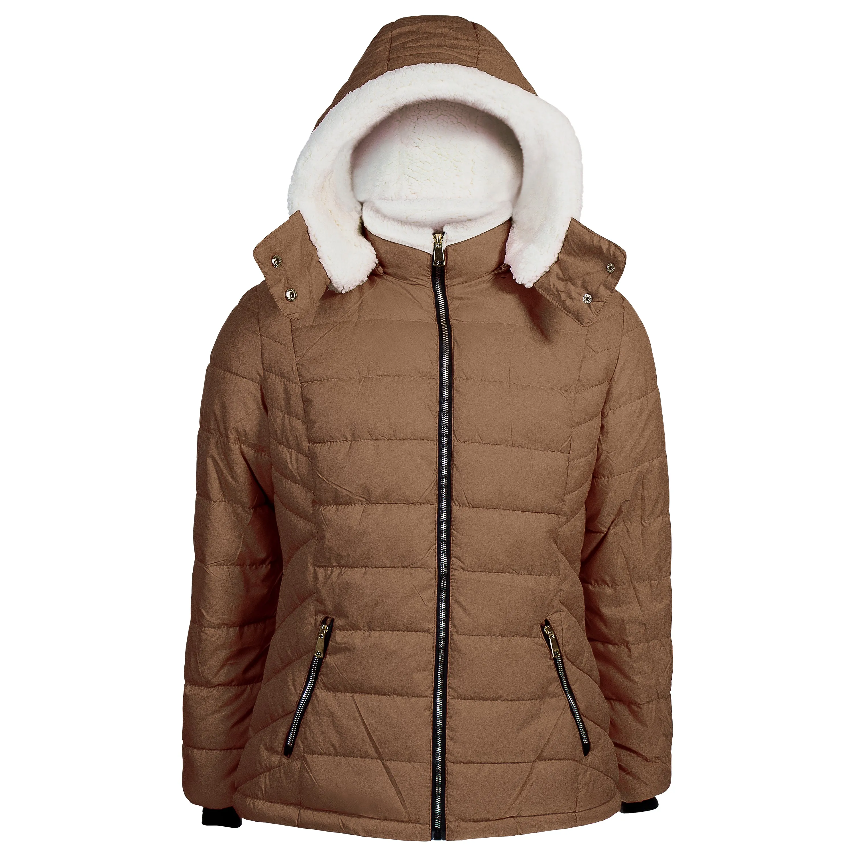 Women's Warm Wholesale Puffer Coats in Brown in Assorted Sizes - Bulk Case of 12 Winter Jackets