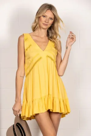 Yellow Sleeveless V Neck Mini Dress With Lace Detail