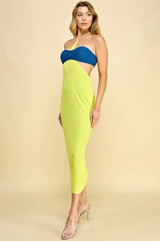 Yellow/Blue Cutout Halter Neck Sweater Dress